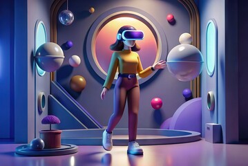 3D woman in a virtual reality scenario with various elements. Generative AI