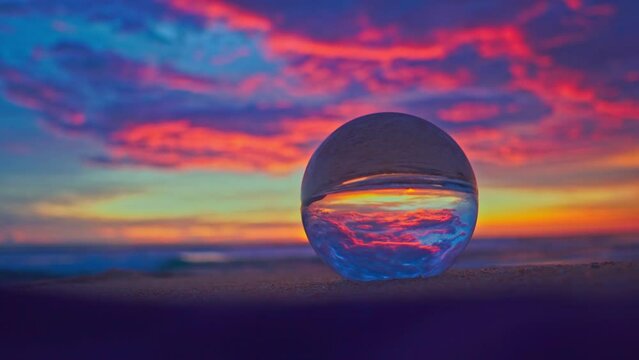 Scene of romantic on the beach at beautiful sunset in a magic crystal ball..The view in a crystal ball looks like no other. colorful sky above the ocean..Nature video High quality footage