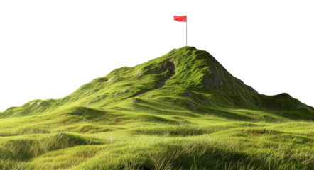 Mountain with red flag on its top, success concept, isolated on transparent background