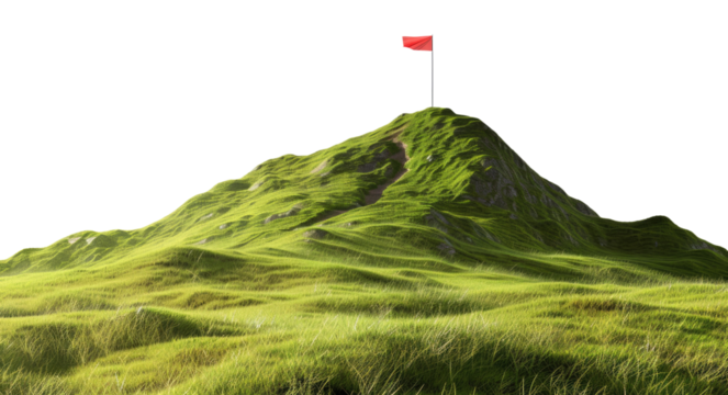 Mountain with red flag on its top, success concept, isolated on transparent background