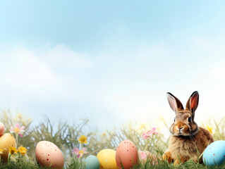 Fototapeta premium Easter banner with copy space, Watercolor Easter bunny and Easter eggs in spring flower meadow.