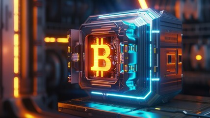 Obraz premium 3D Bitcoin logo on a vault door, emphasizing secure and high-tech cryptocurrency storage solutions.