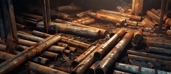 A pile of aged, corroded rectangular metal pipes lies on the ground near a construction site. The pipes are arranged next to each other in a rectangular formation, showcasing the industrial nature of