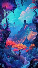 Surreal Neon Landscape with Ethereal Pink Trees