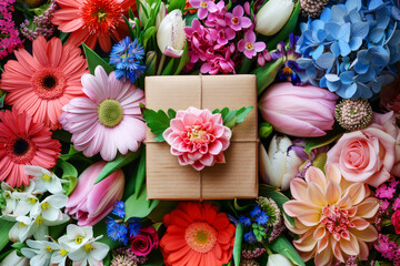 Obraz na płótnie Canvas Handcrafted Gift Box Amidst a Vibrant Array of Spring Flowers. Craft gift box nestled in colorful spring bloom arrangement.