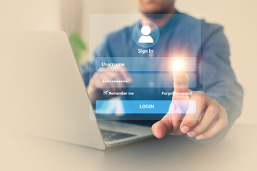 Hand touching login username and password icon for safety internet security access or user sign registration menu for social media member verification personal information account submit register.