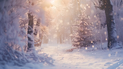 Enchanted Winter Forest Scene with Snowfall and Warm Light, Generative AI