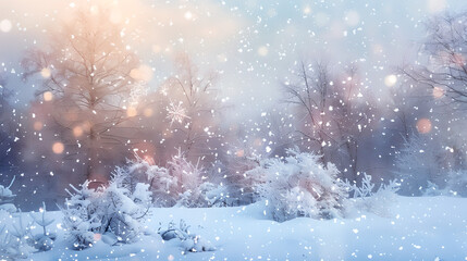 Fototapeta na wymiar Snow-Covered Trees with Gentle Snowflakes and Soft Glow, Generative AI