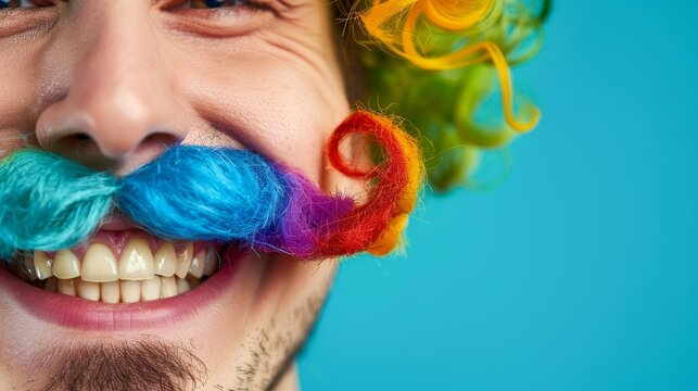 A close-up of a smiling face with a colorful, curly fake mustache,tight composition emphasizing the mustache, even lighting to keep the focus on the facial expression