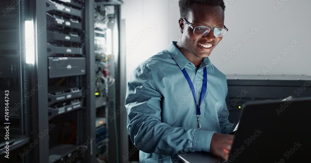 Leinwandbilder Black man, engineer and laptop in server room for database update, cyber security or coding. Computer, typing and happy technician in data center for information technology or programming software