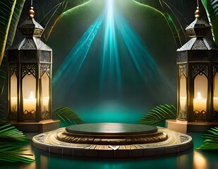 Green dramatic light bokeh podium with arabian warm light, aurora sky effect, green yellow and gold color background for product display