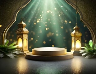 Green dramatic light bokeh podium with arabian warm light, green yellow and gold color background for product display