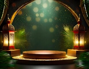 Green dramatic light bokeh podium with arabian warm light, green yellow and gold color background for product display