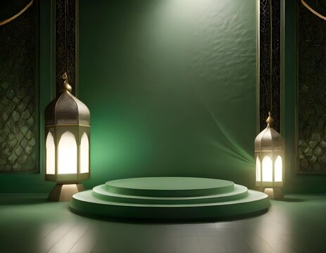 Podium stage design for showing product with green flat color and lantern modern art 3d render