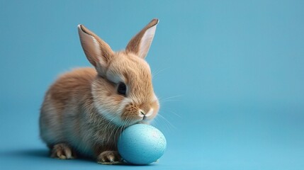 Easter bunny rabbit with blue painted egg on blue background. Easter holiday concept.