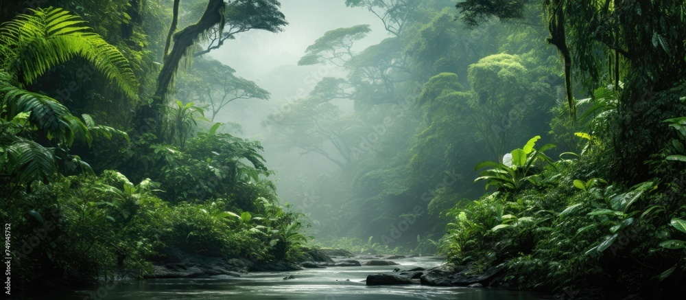 Wall mural a river gently flows through a dense and vibrant green forest on a misty morning. the lush foliage a