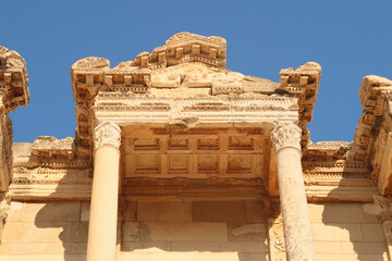 Little roof of the elaborate facade of the Library of Celsus at Ephesus, Selcuk, Turkey