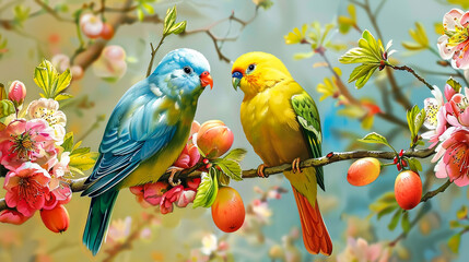 two beautiful parrots on a branch