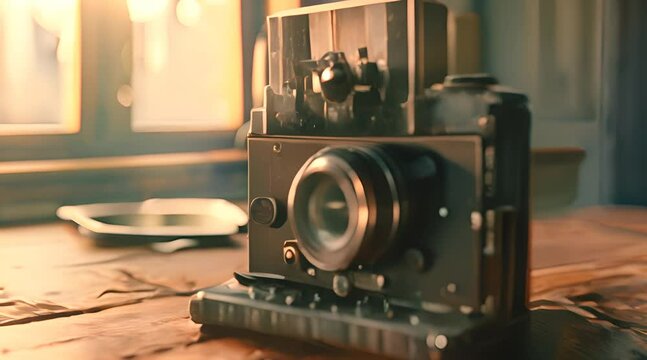 Vintage Camera and Old Photograph on Table with AI generated.
