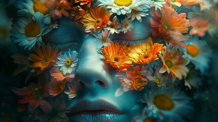 Fototapeta na wymiar An abstract portrait blending human and floral elements where the face morphs seamlessly into a bouquet of vibrant flowers symbolizing the unity of nature and humanity in a surreal cinematic 