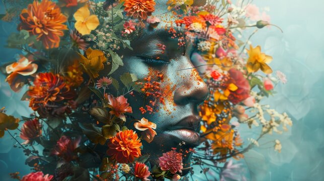 An abstract portrait blending human and floral elements where the face morphs seamlessly into a bouquet of vibrant flowers symbolizing the unity of nature and humanity in a surreal cinematic 
