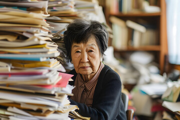 Senior Asian woman in an office, overwhelmed by a mountains of paperwork. Neural network generated in January 2024. Not based on any actual scene or pattern.