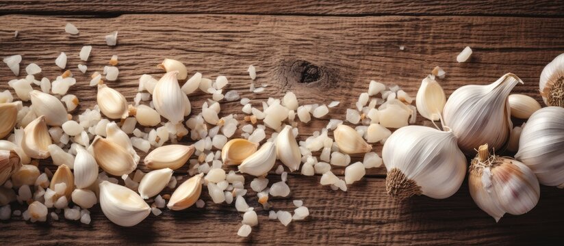 A heap of freshly crushed garlic cloves lies on a rustic wooden table. The aromatic herbs are neatly arranged, showcasing their pungent aroma and culinary versatility in cooking.