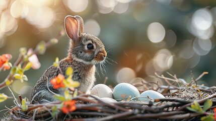 Fototapeta na wymiar Easter cute bunny sitting with basket of colored eggs on background of spring nature.