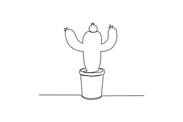 Continuous cactus one-line vector drawing and outline-style single-line illustration art