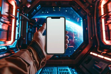 person gazes out of a porthole on a spaceship, their phone reflecting the starry expanse of space