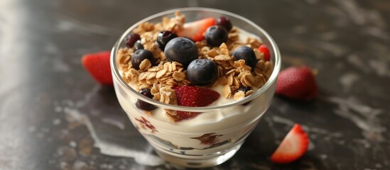 A glass filled with creamy yogurt topped with a colorful mix of fresh strawberries, blueberries, crunchy granola, and almond oats.