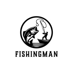 fishing sport logo Illustration with Big fish, Fishing man with big fish
