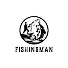 fishing sport logo Illustration with Big fish, Fishing man with big fish