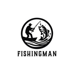 fishing sport logo Illustration with Big fish, Fishing man with big fish