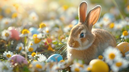 Easter landscape, bunnies with colorful eggs and daisy flower on meadow under beautiful sky