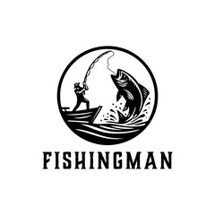fishing sport logo Illustration with Big fish, Fishing man with big fish