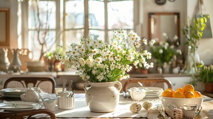 Easter table with spring flowers in a sunny April kitchen