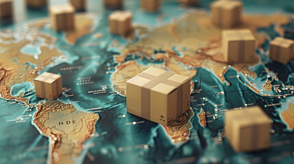 Product delivery that uses technology to help Increase speed and reduce costs to be more efficient, box package on world map - obrazy, fototapety, plakaty