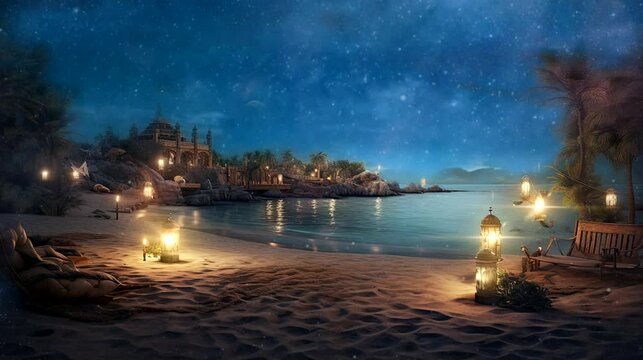 a serene wallpaper with a beachfront campsite adorned with lanterns. seamless looping time-lapse virtual 4k video animation background	