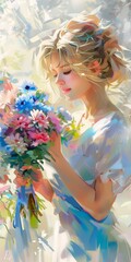 woman holding bouquet flowers hands blonde girl portrait princess white sparkles sunlight beams refined nose peace scene luminous happy young female android