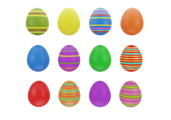 Illustration of twelve easter eggs on a white background. 3D rendering image.
