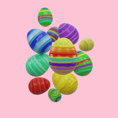 Fototapeta na wymiar Multicolor painted easter eggs on pink background. 3d render illustration.