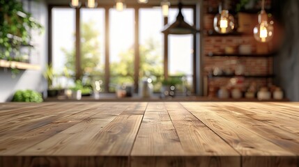 Empty beautiful wood table top counter and blur bokeh modern kitchen interior background in clean