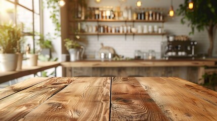 Empty beautiful wood table top counter and blur bokeh modern kitchen interior background in clean - obrazy, fototapety, plakaty