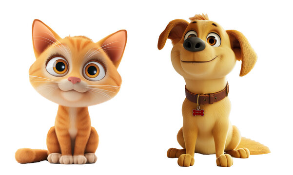 3D rendered orange tabby cat and a golden-brown puppy with a collar, Cute and friendly, both with big expressive eyes