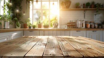 Empty beautiful wood table top counter and blur bokeh modern kitchen interior background in clean