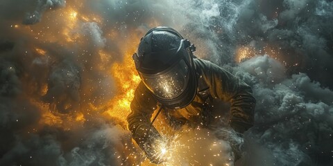 Welders at Work, Sparks fly as welders fuse metal, their protective masks a barrier between them and the intense light, sculpting strength with precision and care - obrazy, fototapety, plakaty