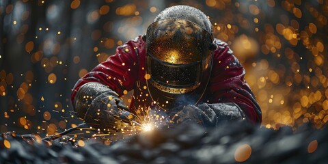 Welders at work fuse metal, sparks fly, masks barrier from light, sculpting strength with precision and care. - obrazy, fototapety, plakaty