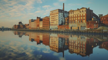 Waterfront workhorses, factories along the river, reflections mirror industrial roots fueling city growth.