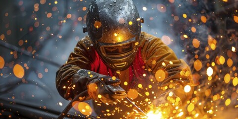 Welders work diligently, sparks fly, masks shield them from light, sculpting metal with precision and care. - obrazy, fototapety, plakaty